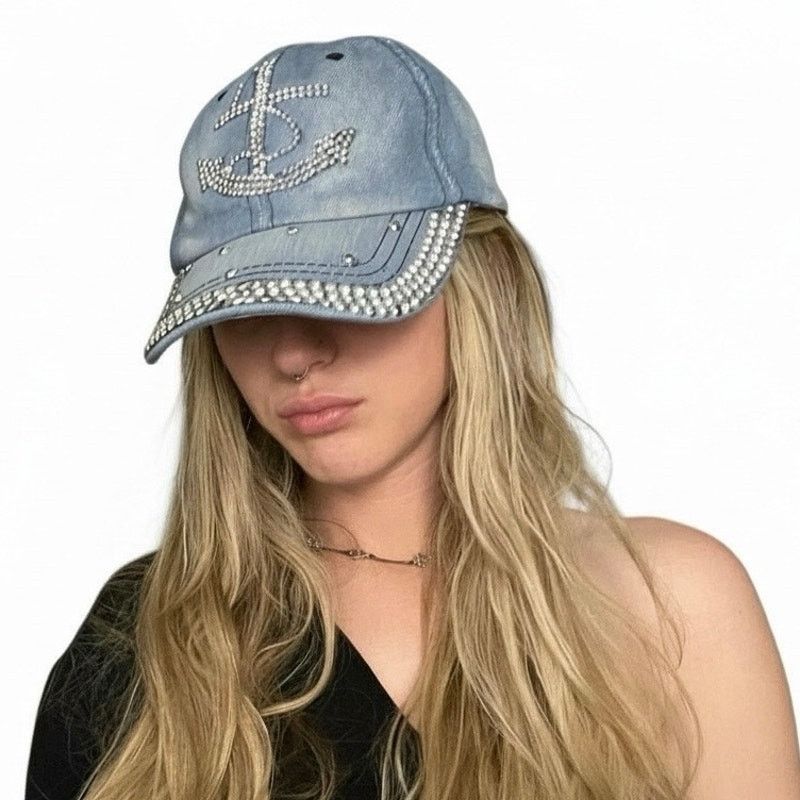 Other Denim Anchor Rhinestone Sequin Embellished Hat Size ONE SIZE - 1 Thumbnail