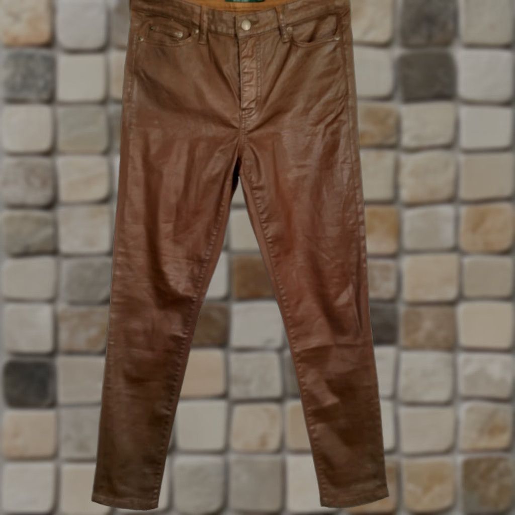 Ralph Lauren VINTAGE Lauren Ralph Lauren Skinny Ankle Pants Size 8 Brown Coated Faux Leather Casual Womens Size 30" / US 8 / IT 44 - 1 Thumbnail