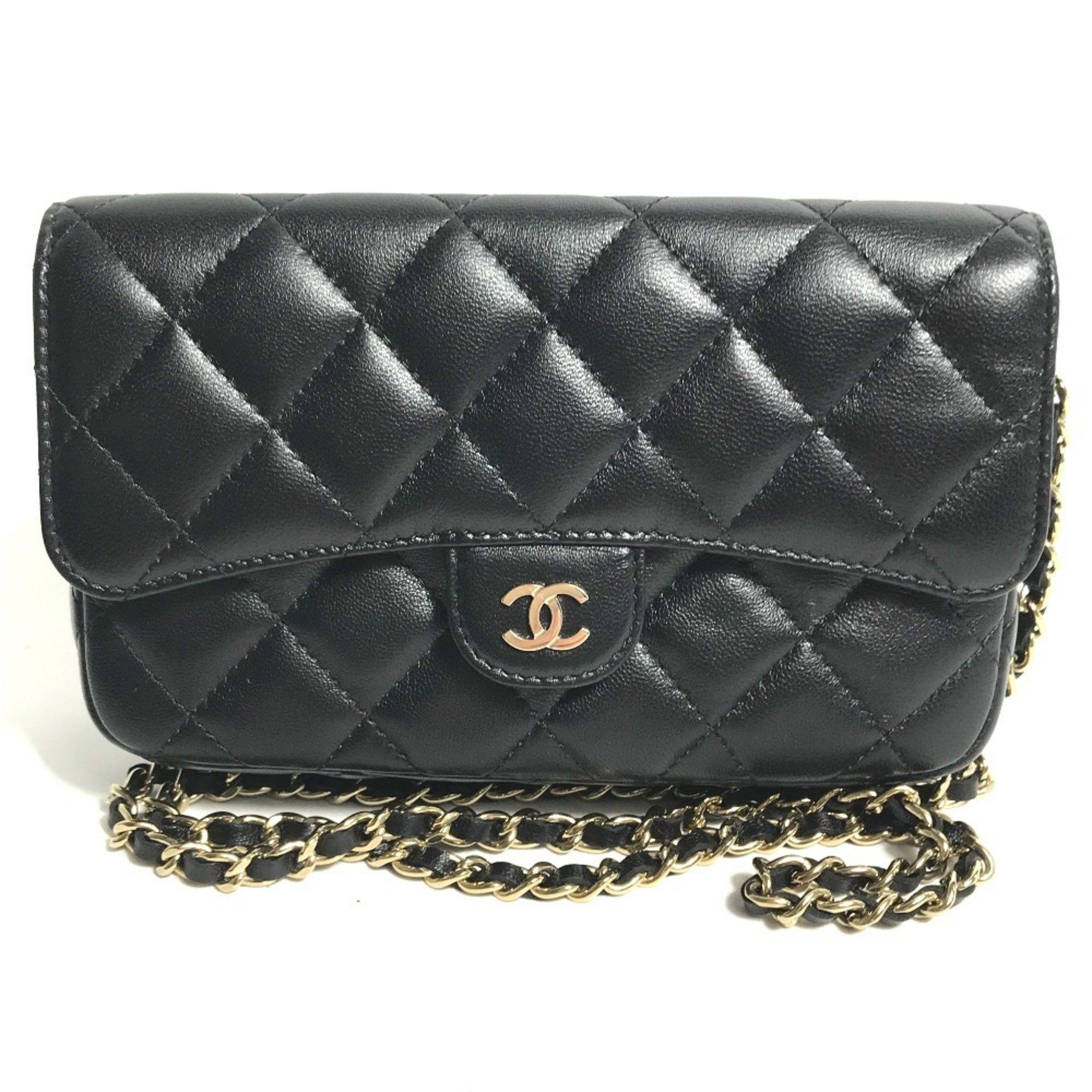 CHANEL AP2096 Coco Mark Phone Case Wallet CC Matelasse Chain Long Wallet/Shoulder Bag Women's Black Lambskin Like New
