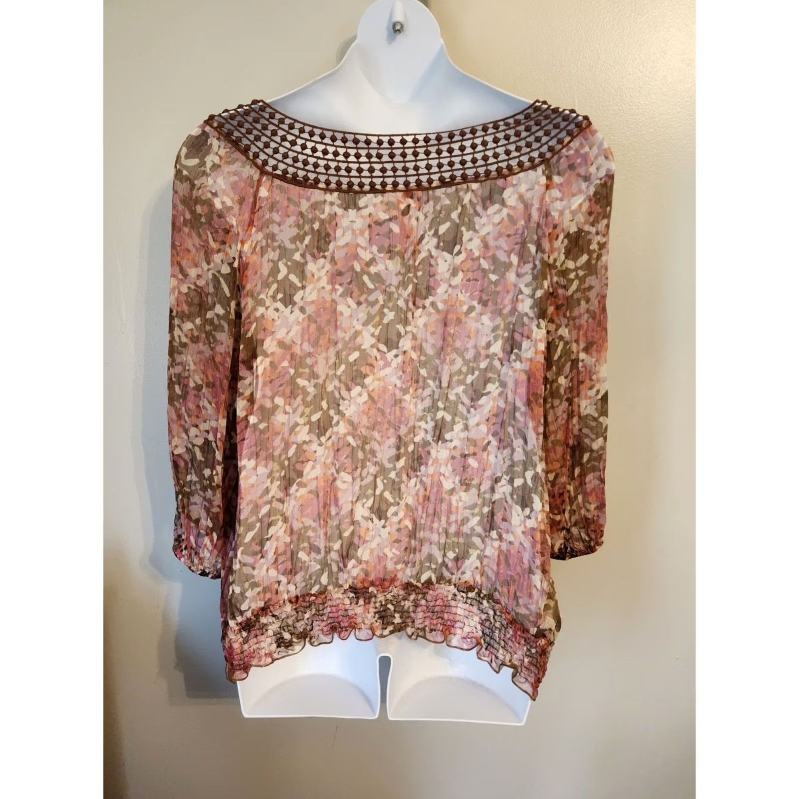 Avenue Avenue Brown Embroidered Smocked Trim Watercolor Sheer Top Hippie Boho 22 24 Size 3XL / US 20-22 - 5 Thumbnail