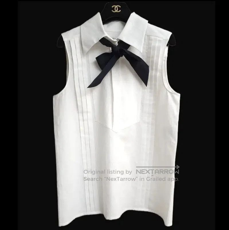 Chanel Chanel White Cotton Bow Short Sleeve Shirt . Size L / US 10 / IT 46 - 2 Thumbnail