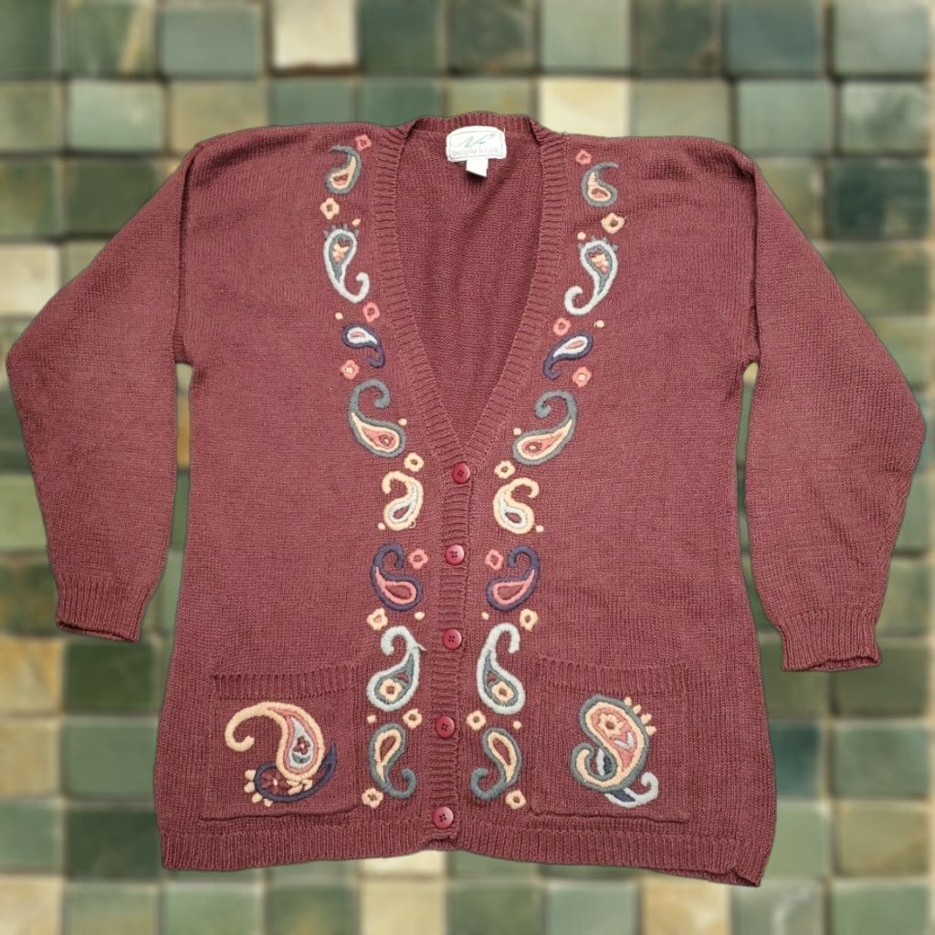 Vintage VINTAGE Cardigan Sweater Women M Purple Embroidered Paisley Boho 90s Y2K Cinched Buttoned Made in Hong Kong Size M / US 6-8 / IT 42-44 - 1 Thumbnail