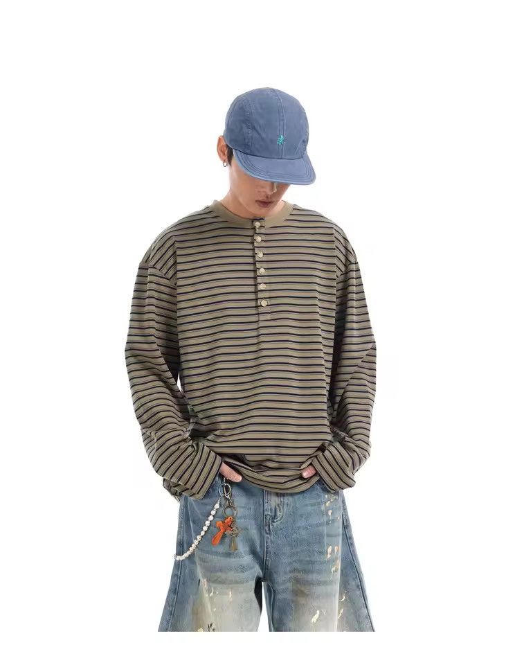 Other Striped Basic Casual Loose Button Neck Long Sleeve Shirt Size US L / EU 52-54 / 3 - 5 Thumbnail