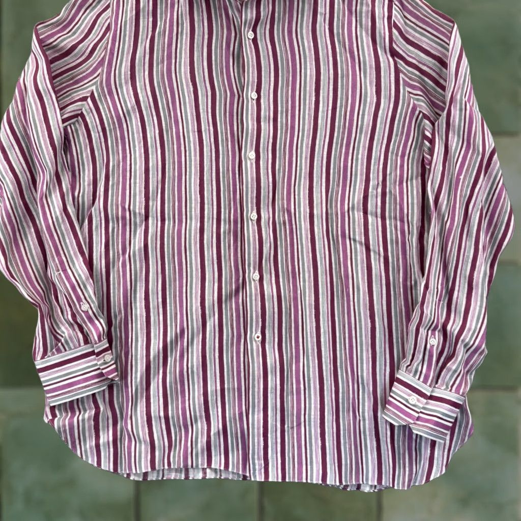Isaia Isaia Shirt Mens 17.5 Pink Striped Linen Long Sleeve Collared Dress Button Preppy Size 48R - 1 Thumbnail