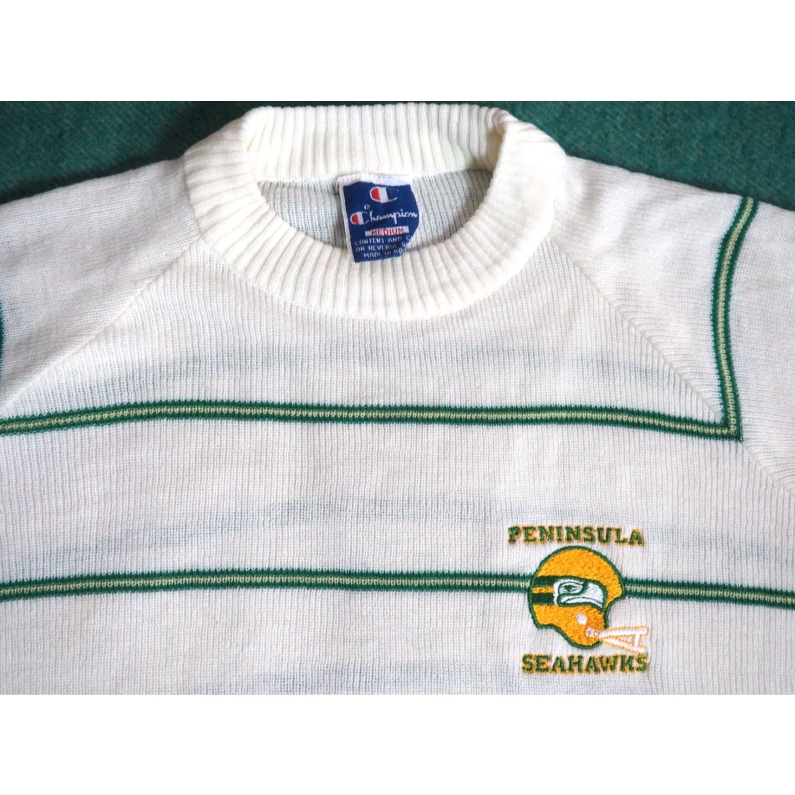 Champion VTG 90s Champion Seahawks NFL Peninsula PNW Cream Green Striped Sweater Mens M Size US M / EU 48-50 / 2 - 3 Thumbnail