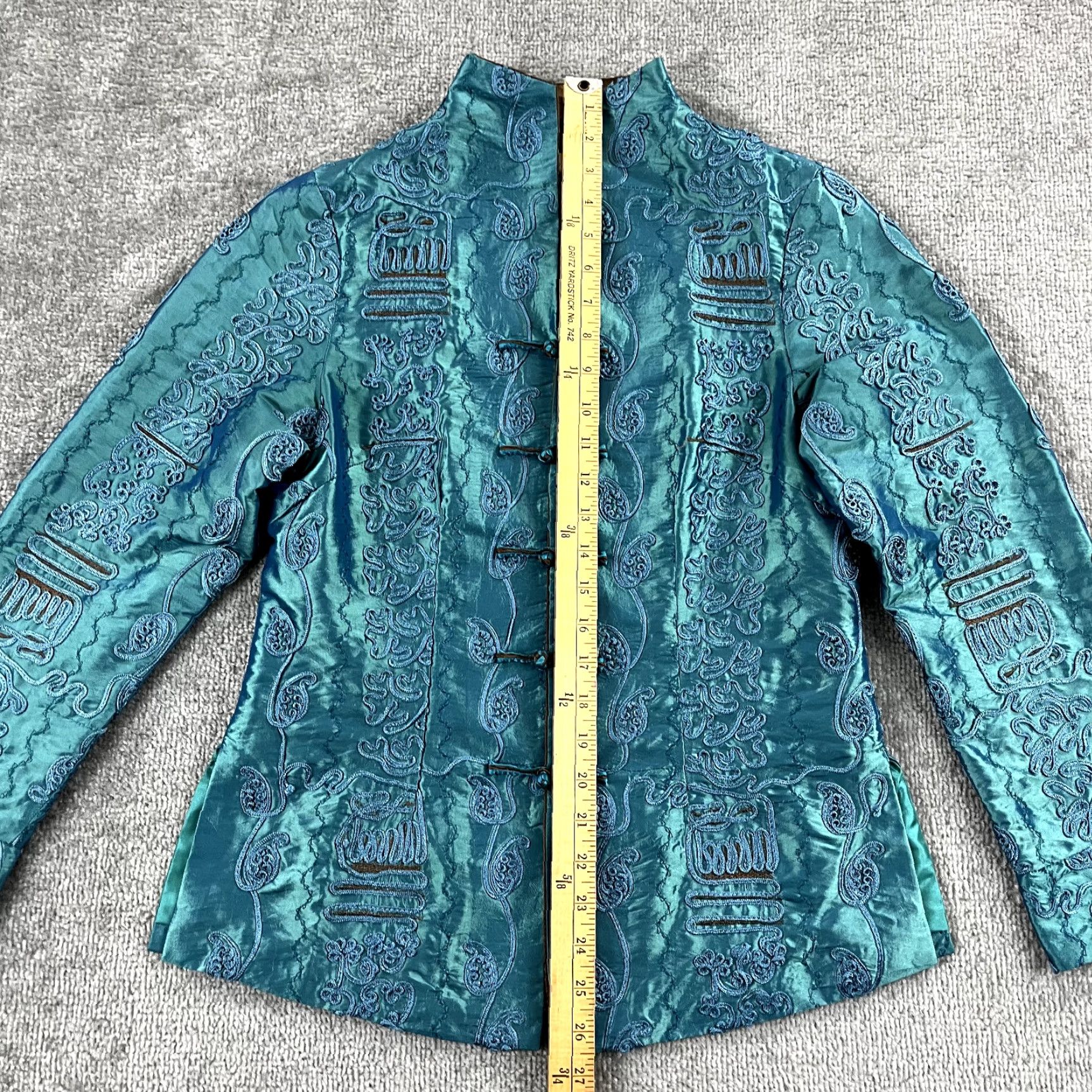 Vintage Shanghai Soho Blouse Women Medium Bluish Green Silk Rayon Embroidered Asian Size M / US 6-8 / IT 42-44 - 4 Thumbnail