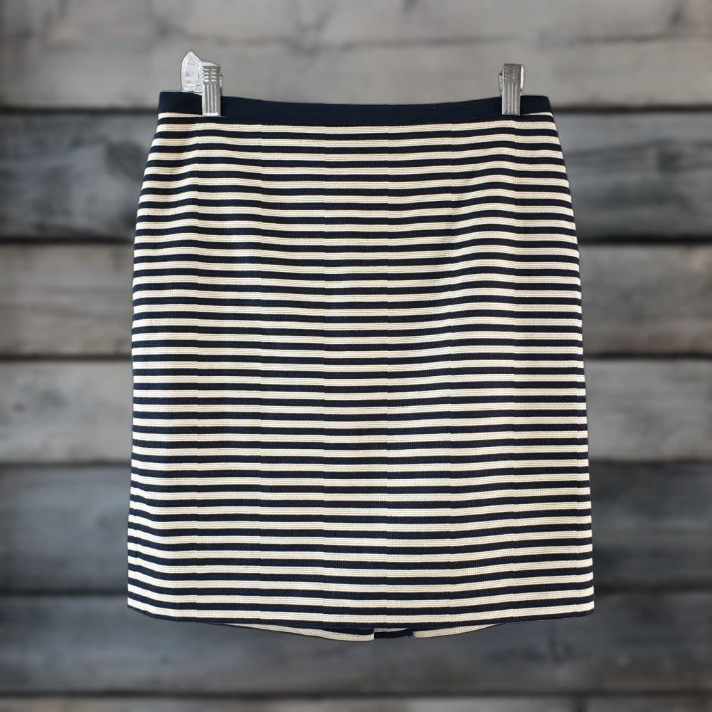 Loft VINTAGE Ann Taylor LOFT Womens Pencil Skirt Sz 4 Blue Beige Striped Cotton Blend Zips Size 27" / US 4 / IT 40 - 1 Thumbnail