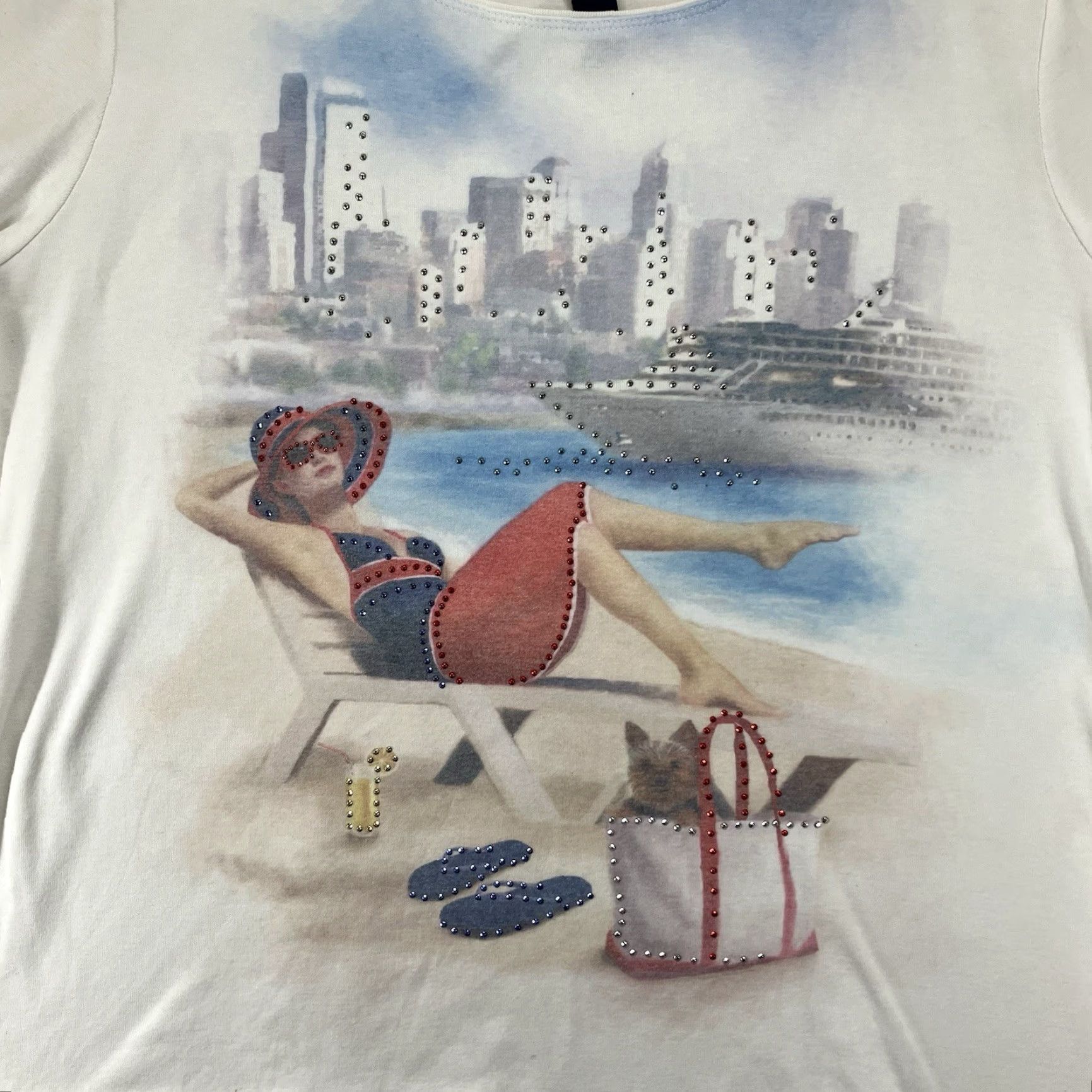 Vintage VINTAGE Karen Scott Shirt XL White Beach Cityscape Scenery Bling Rhinestone Knit Polyester Cotton 90s Retro Geometric Womens Size XL / US 12-14 / IT 48-50 - 3 Thumbnail