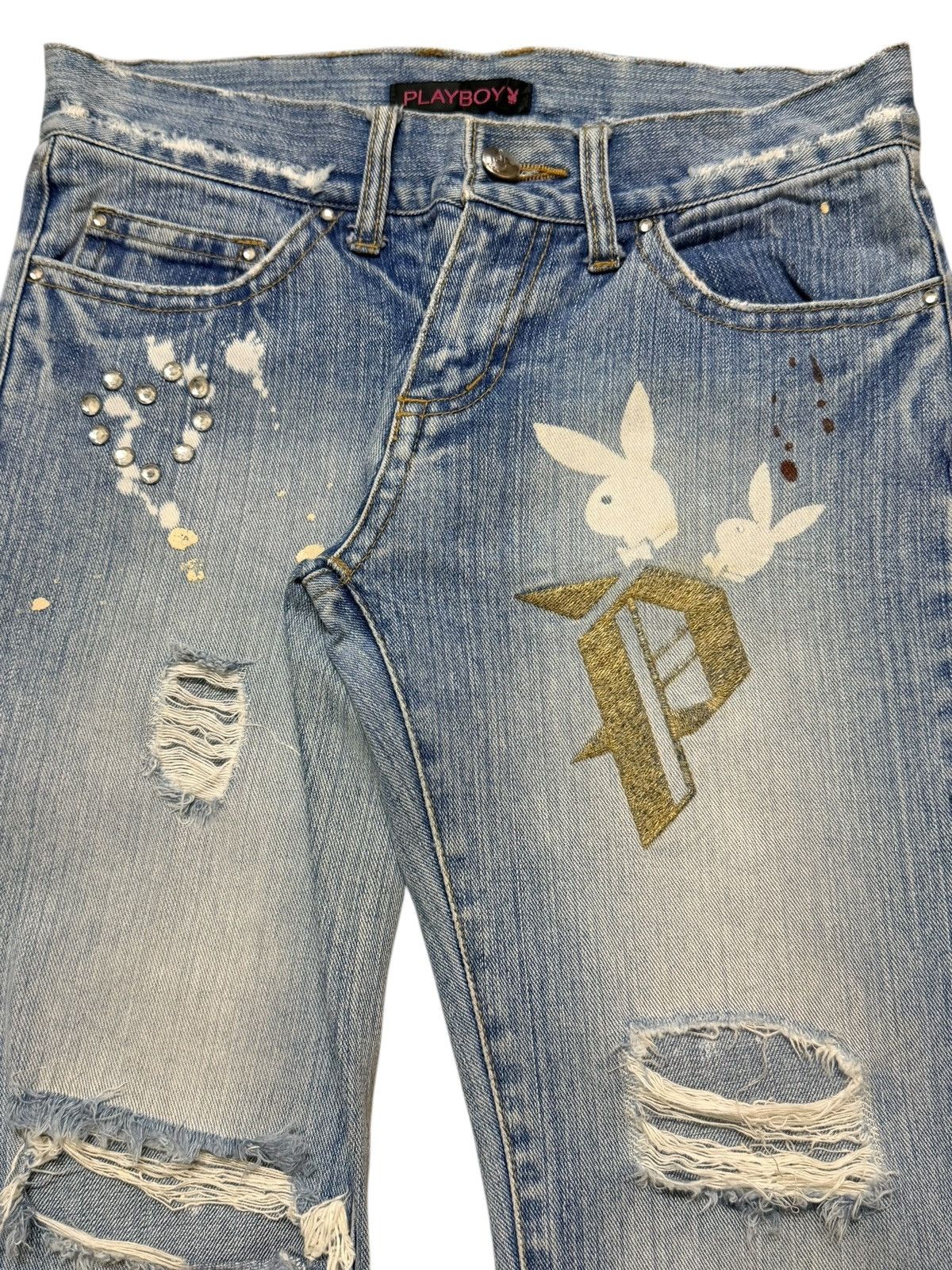 Playboy Vintage Y2K Playboy Faded Wash Paint Splatter Wide Leg Flare Size 28" / US 6 / IT 42 - 4 Thumbnail