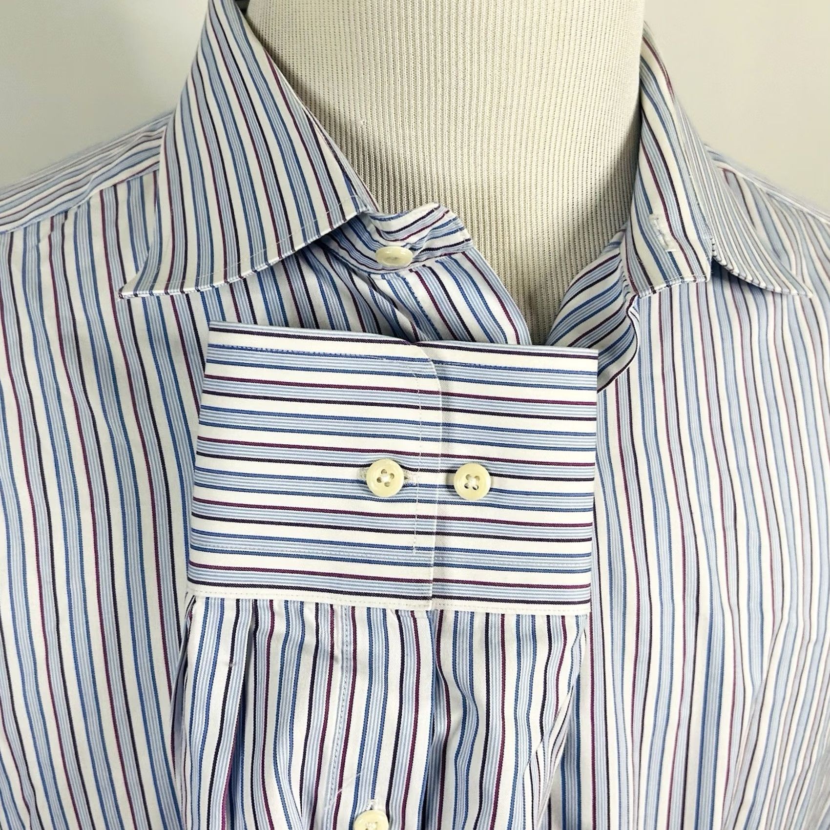 David Donahue David Donahue Dress Shirt 18 34/35 Regular Fit Red White Blue Striped Cotton Size 48R - 4 Thumbnail