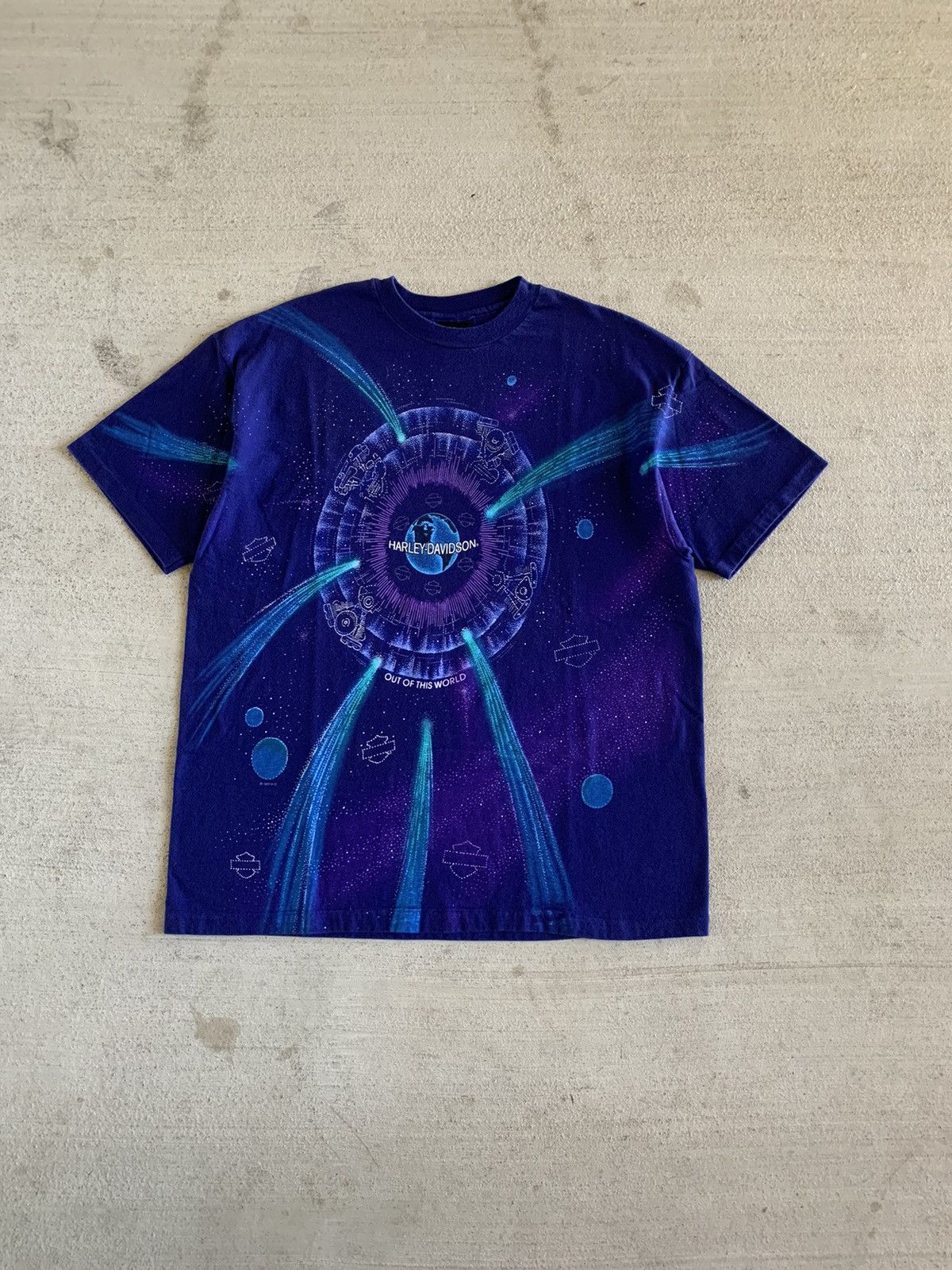 image of 1990S 90's Harley Davidson Aop Galaxy Space T-Shirt in Purple, Men's (Size XL)