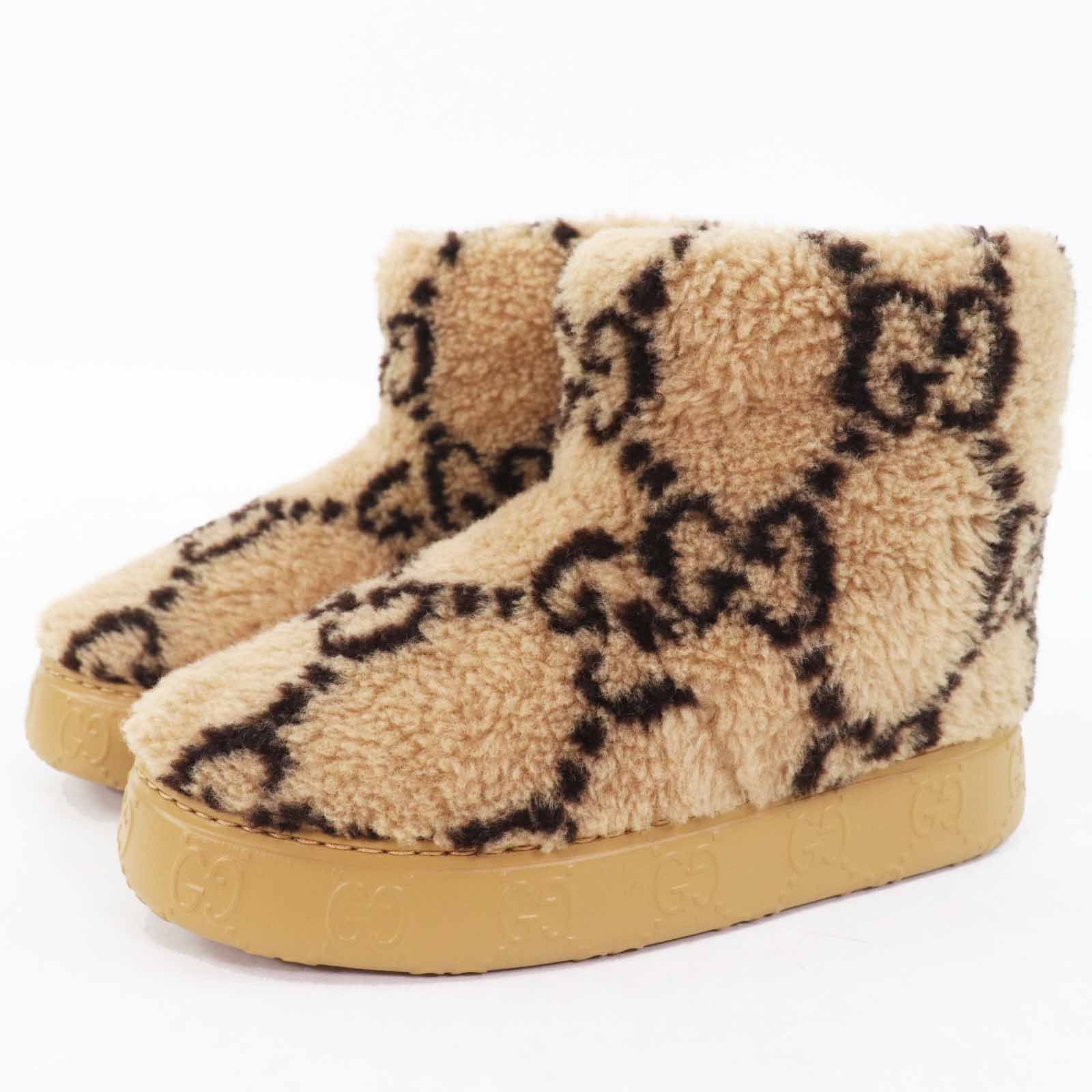 Gucci Gucci GG Signature Shearling Ankle Boots Natural Material Shoes 762178 in Beige, Women's