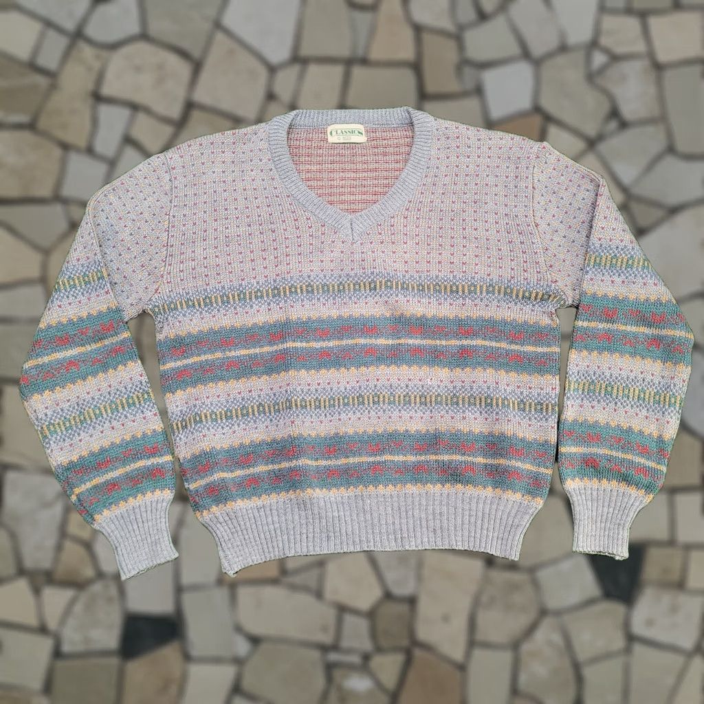Sears VTG 80s Sears Boxy Crop Fair Isle Sweater Tapered Hem 80s Fit Large Knit Pullover V-Neck Cropped Pattern Gray Mens Sweater Size US L / EU 52-54 / 3 - 1 Thumbnail