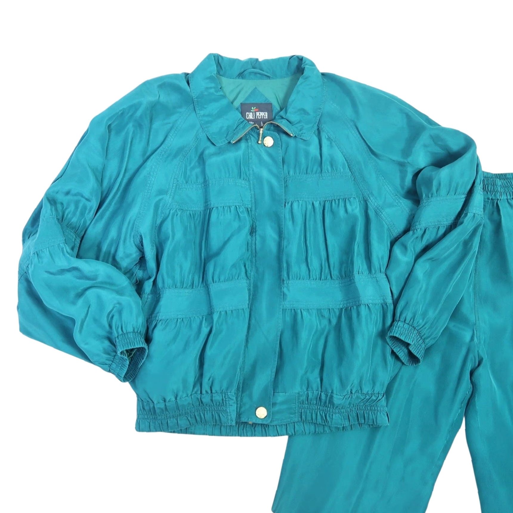 Vintage VINTAGE Chili Pepper Teal Green Ruched Silk Track Suit Set L Women 90s Hustle Heat 90s Theme Size L / US 10 / IT 46 - 3 Thumbnail