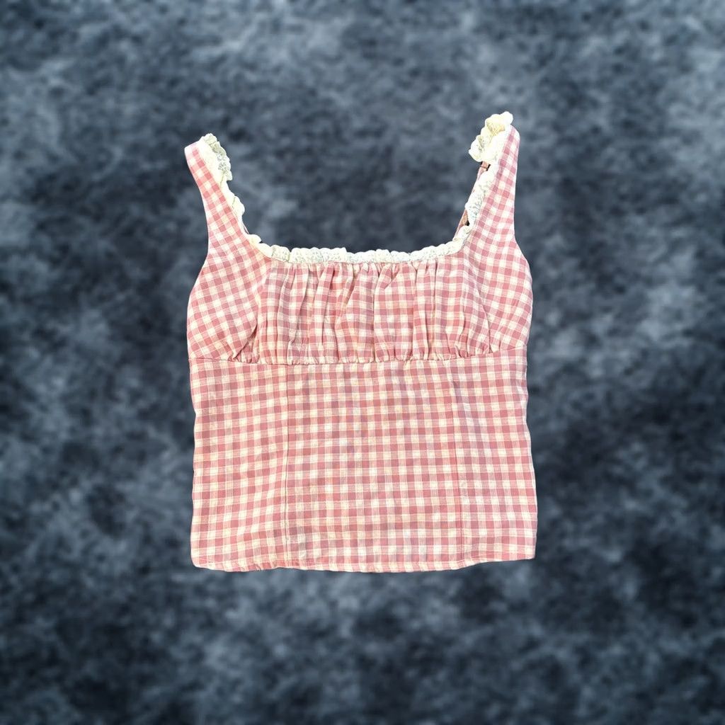 Pinko VINTAGE Favorite Camisole Top Womens Medium Pink Plaid Lace Prairie Cottage Y2K Camisole Tank Boat Neck Sleeveless Size M / US 6-8 / IT 42-44 - 1 Thumbnail