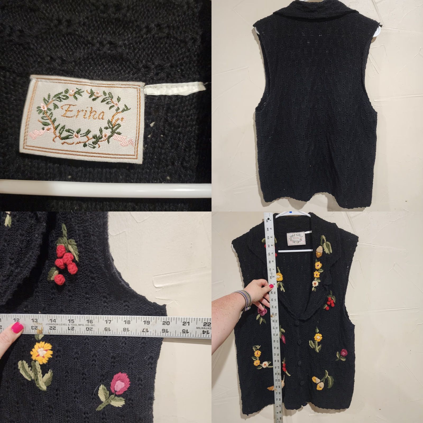 VINTAGE Erika Vest Hand Embroidered Knit V-Neck Sleeveless Flower