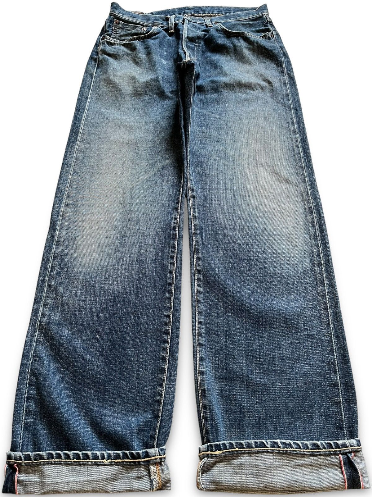 image of Distressed Denim x Edwin Vintage Japanese Edwin 505Sx Selvedge Distressed Baggy Jeans in Blue (Size