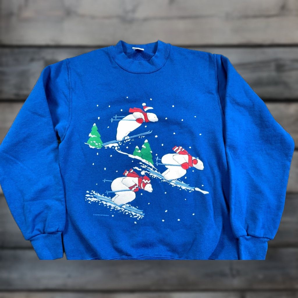 Jerzees VTG Jerzees Sweatshirt 90s Blue Adult Medium 50/50 Skiing Polar Bear Print Crew Neck Pullover Men M Retro Graphic Print Size US M / EU 48-50 / 2 - 1 Thumbnail