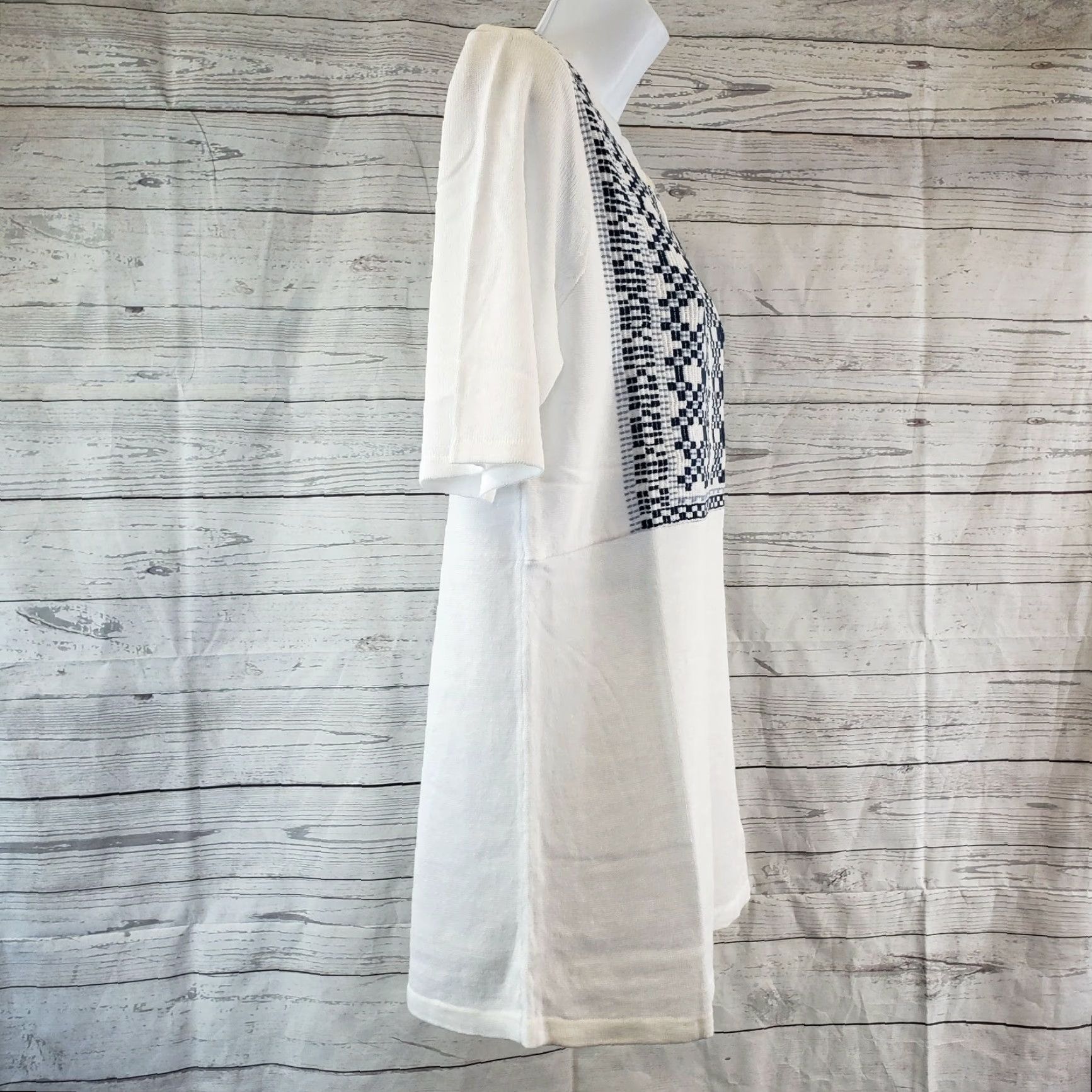 J. Jill J Jill Womens Jacquard Bib Sweater Sz Small Blue White Short Sleeve Linen Blend Ladies Pullover Knit Shirt Size S / US 4 / IT 40 - 3 Thumbnail