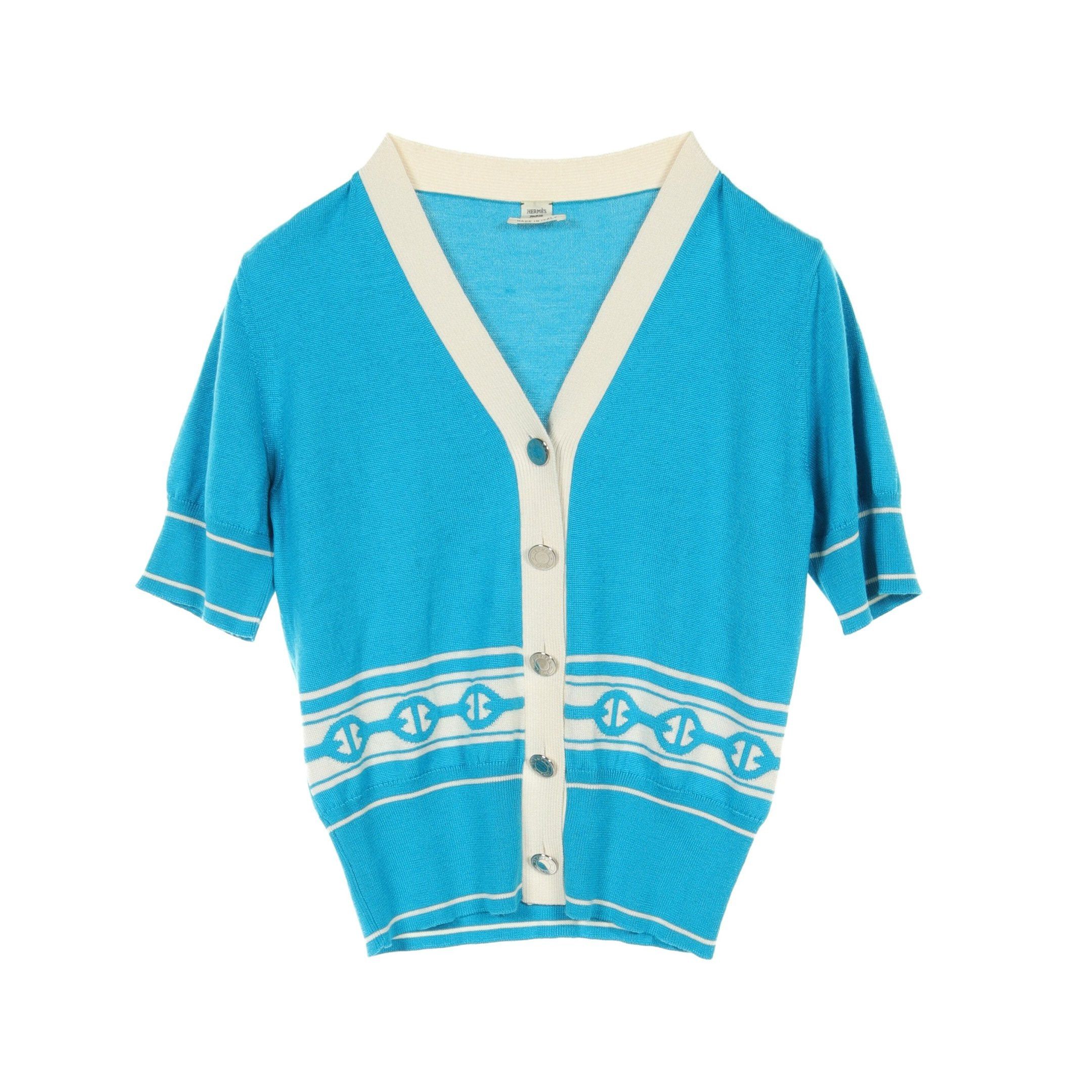 Hermes Hermes Chaîne Serie Button Cardigan V-Neck Short Sleeve Cashmere Silk Blue White Size ONE SIZE - 1 Thumbnail