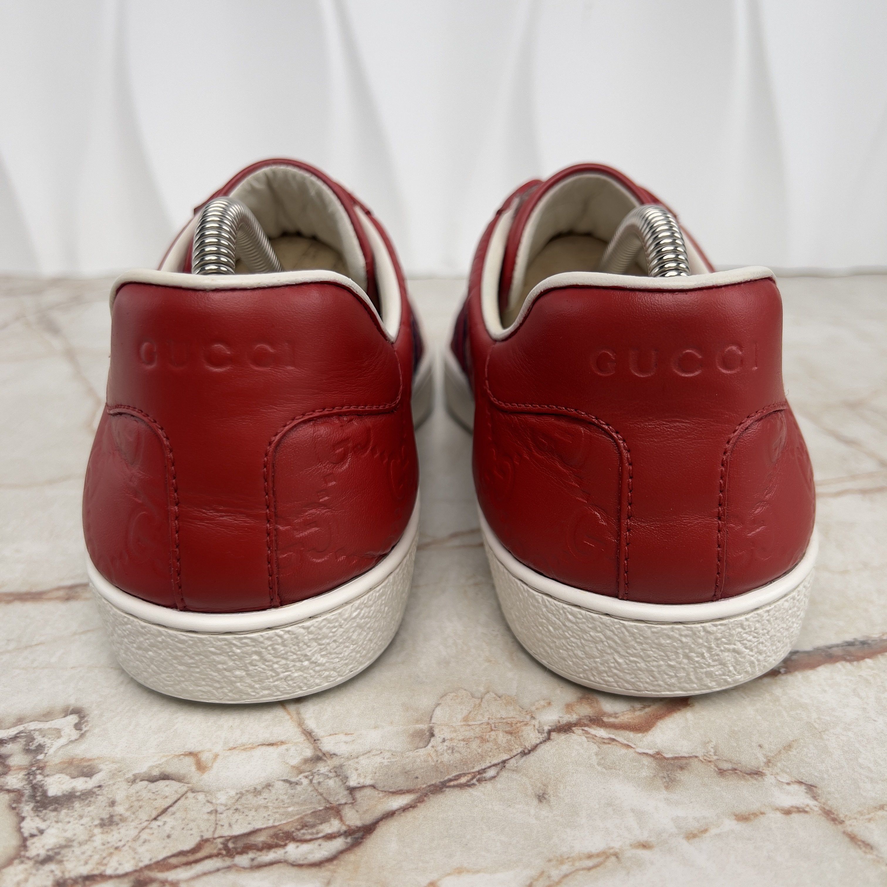 Gucci Ace Web GG Monogram Low Top Sneakers Red Leather Size US 8 / EU 41 - 7 Thumbnail