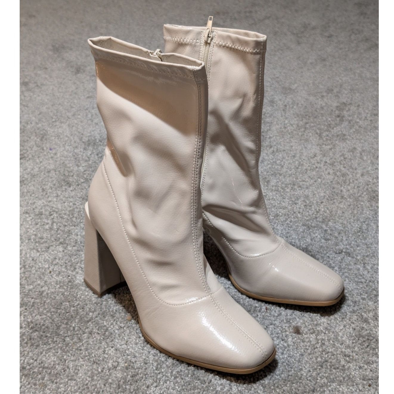Other Cream Faux Leather Calf High Boots Square Toe, Block Heel Size US 10 / IT 40 - 1 Thumbnail