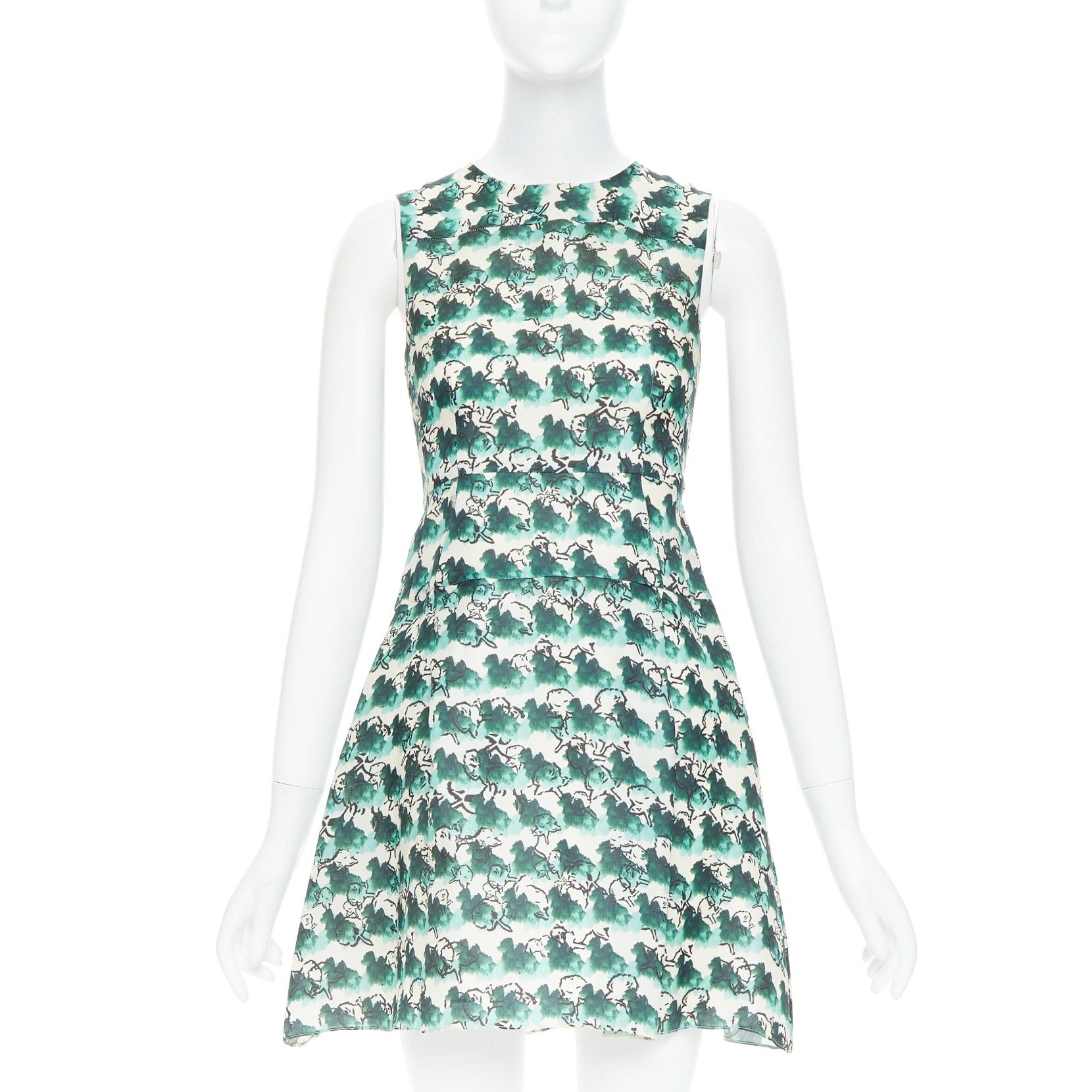 Tanya Taylor TANYA TAYLOR green cream silk abstract print sleeveless A-line dress US0 XS Size XS / US 0-2 / IT 36-38 - 1 Thumbnail
