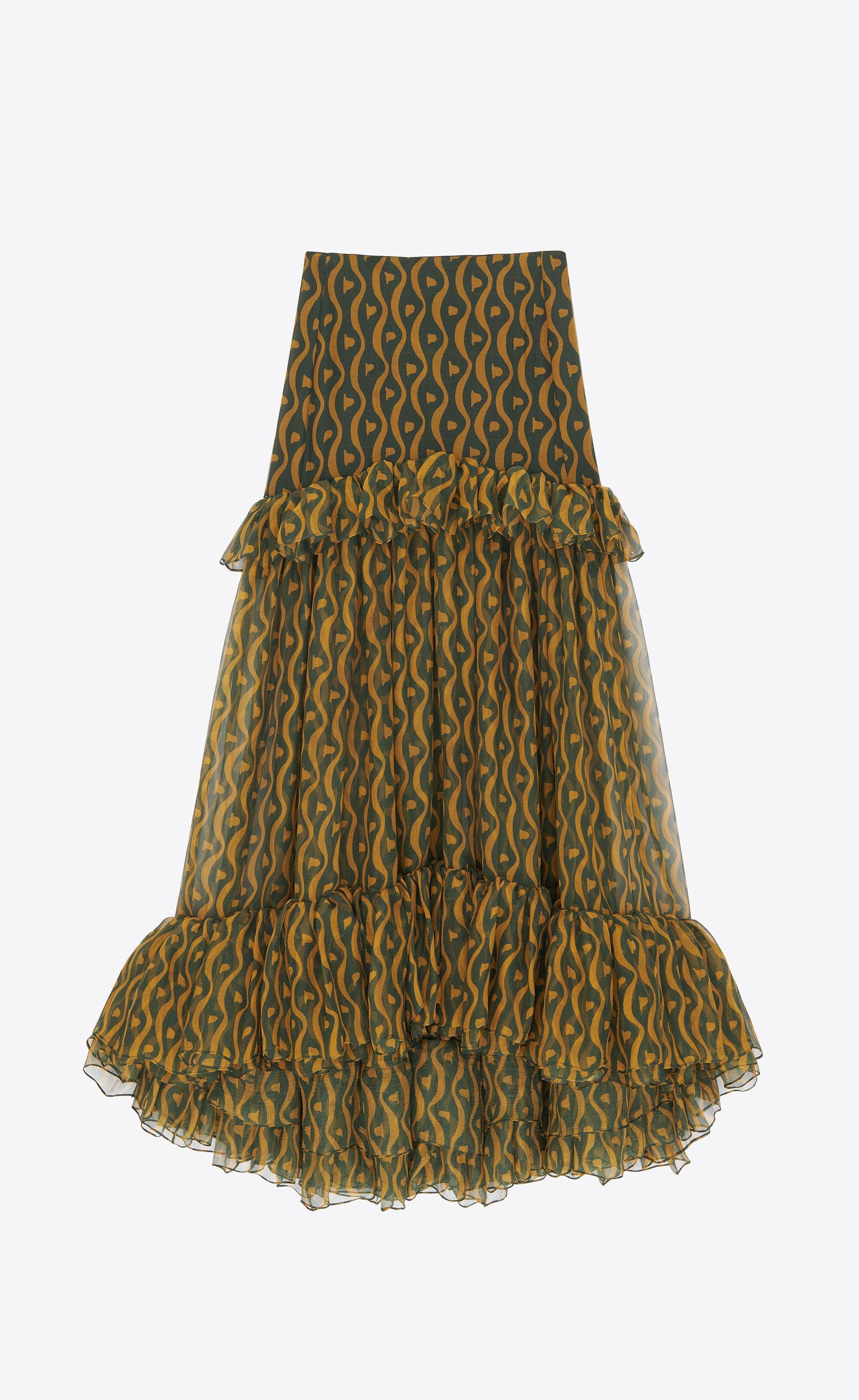 Saint Laurent Paris o1s1wg110225 722888 Ruffled Long Skirt in Silk in Multicolor Size 26" / US 2 / IT 38 - 1 Thumbnail