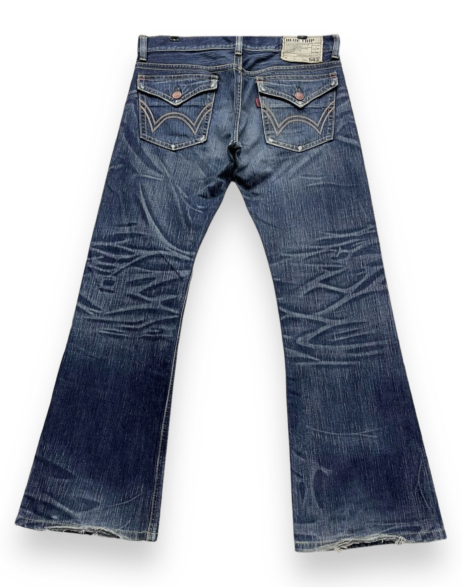 Edwin × Japan Blue × Le Grande Bleu (L.G.B.) 🔥FYE💥EDWIN 503 FLARE BLUETRIP Distressed Raw Blue Japan🔥 Size US 34 / EU 50 - 3 Thumbnail