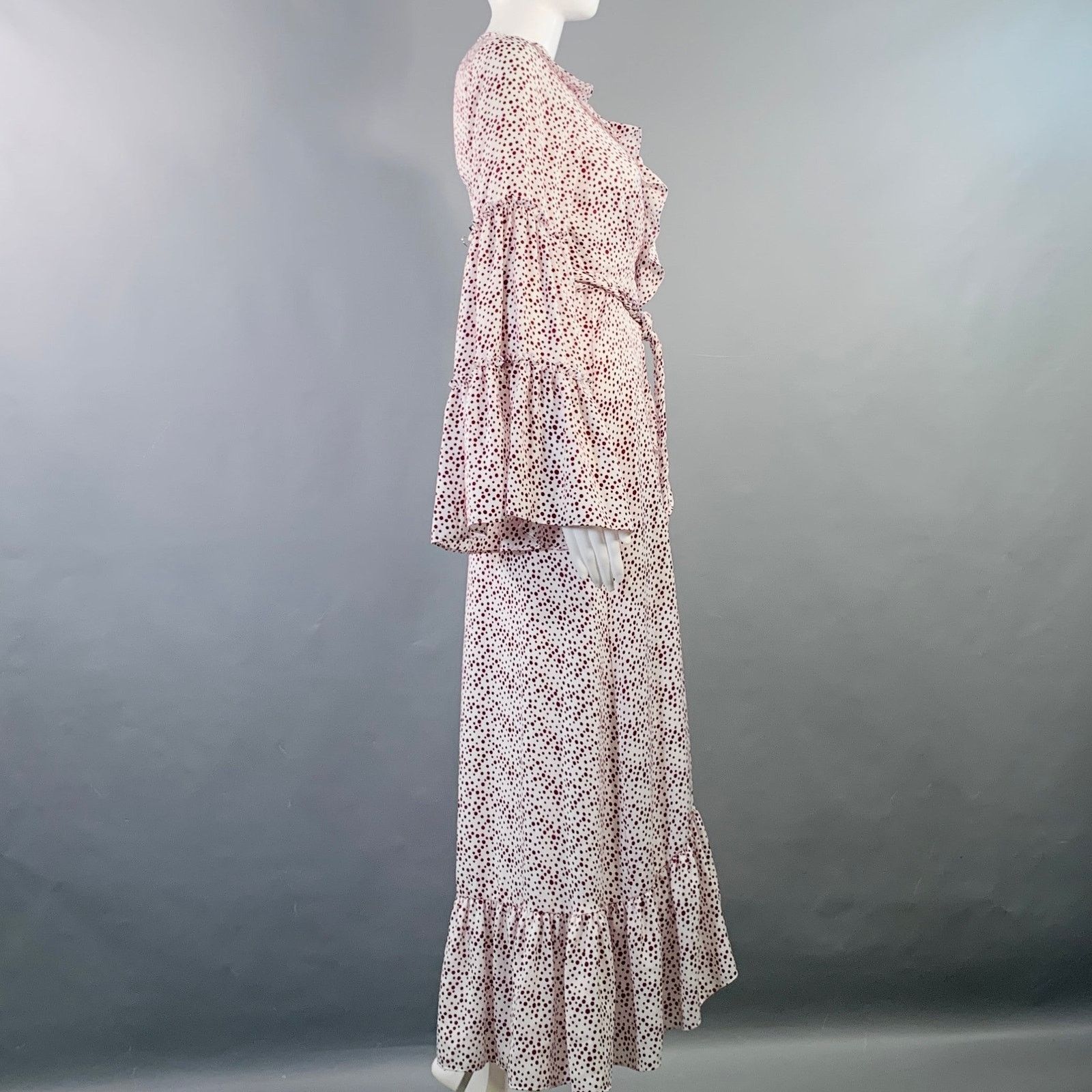 MISA Los Angeles MISA Size XS White Burgundy Viscose Dots Ruffle Wrap Dress Size XS / US 0-2 / IT 36-38 - 3 Thumbnail