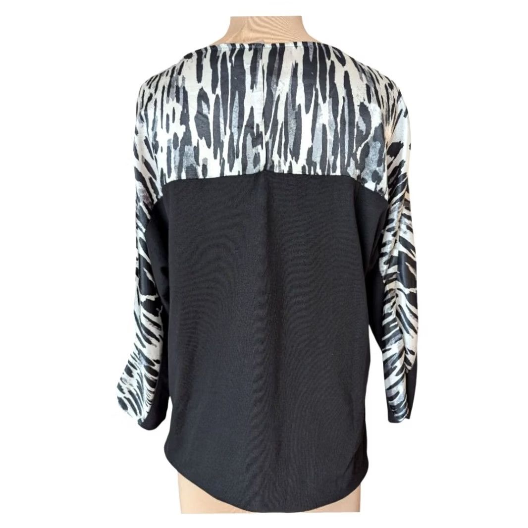 Vintage Chicos Black & White Animal Print Blouse Top 3/4 Sleeve Boat Neck Sz 2 (12/L) Size XL / US 12-14 / IT 48-50 - 3 Thumbnail
