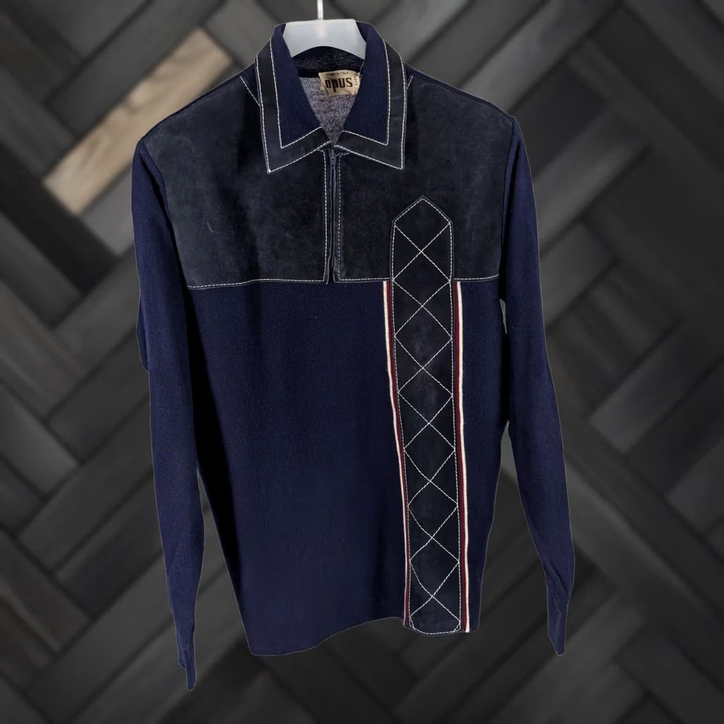 Vintage VINTAGE Opus Sweater Navy Quarter Zip Knit Suede Wool Italian 70s Mod Disco Vintage Men L Long Sleeve Size L XS? Size US L / EU 52-54 / 3 - 1 Thumbnail