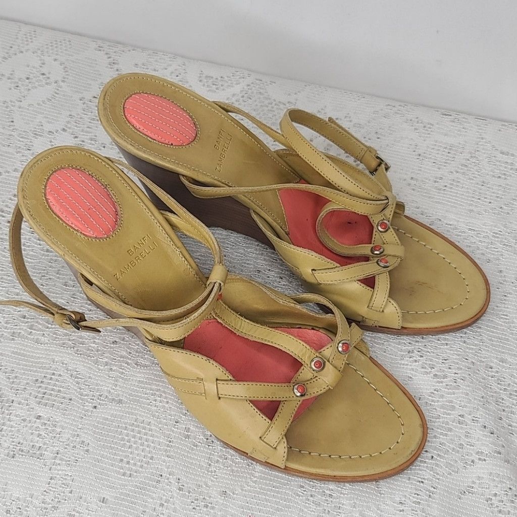 The Unbranded Brand Banfi Zambrelli strappy leather heeled wedges sz 7 Size US 7 / IT 37 - 1 Thumbnail