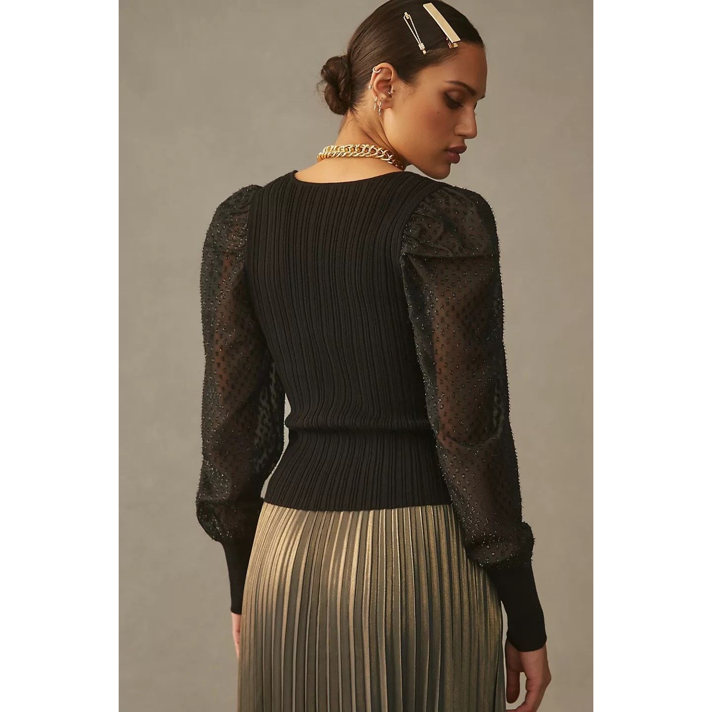 Anthropologie New By Anthropologie Puff-Sleeve Shimmer Sweater $128 MEDIUM Size M / US 6-8 / IT 42-44 - 4 Thumbnail