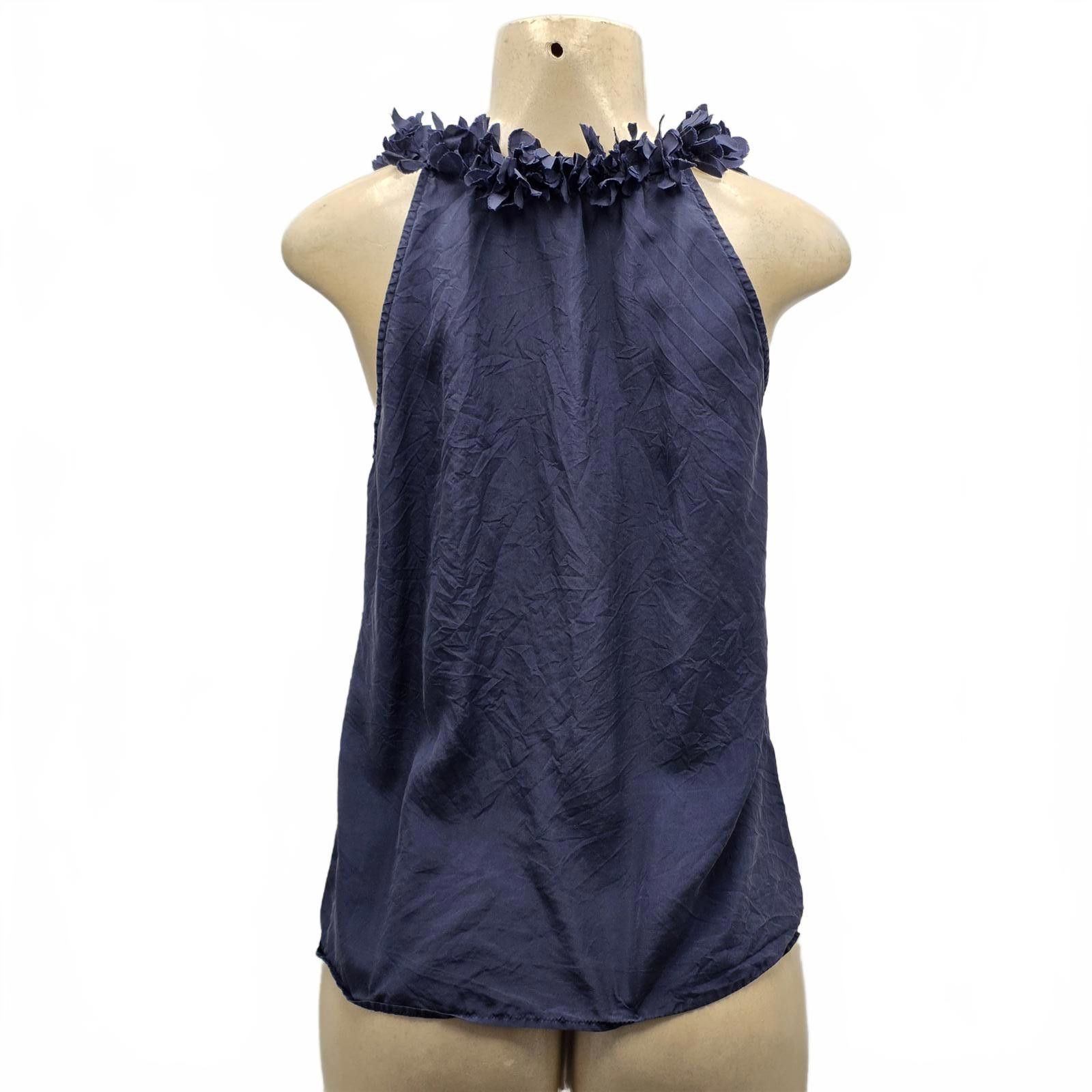 J.Crew J.Crew Navy Blue Silk Blouse Floral Ruffle Neckline Small S Size S / US 4 / IT 40 - 5 Thumbnail