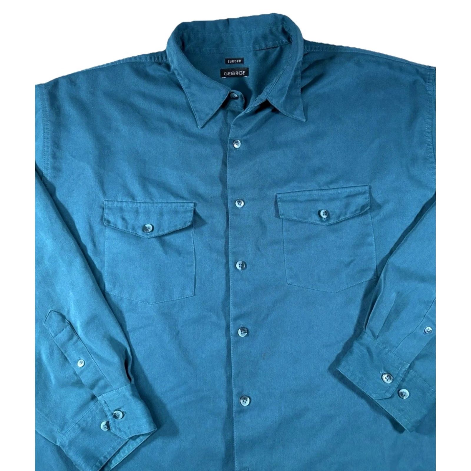 George George Sueded Button Up Long Sleeve Shirt Blue / Green Men’s Size XXL (2XL) Button-Up Casual Shirt Mens Regular Fit Blue Size US XXL / EU 58 / 5 - 2 Thumbnail