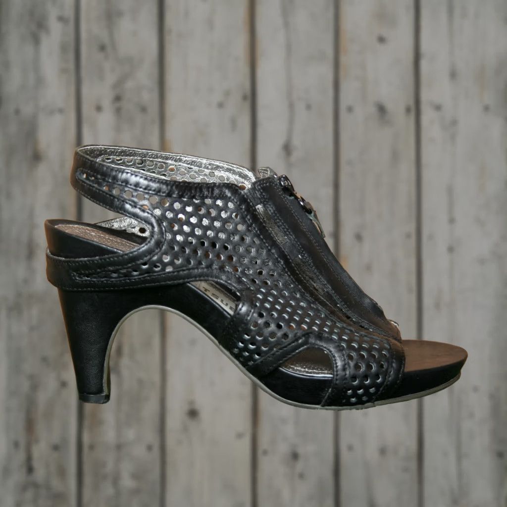 Vintage Tsubo Lagella Perforated Black Leather Sandals Gladiator Heel 3.75" Sz 7 Womens Shoes Open Toe Zip Front Size US 7 / IT 37 - 1 Thumbnail