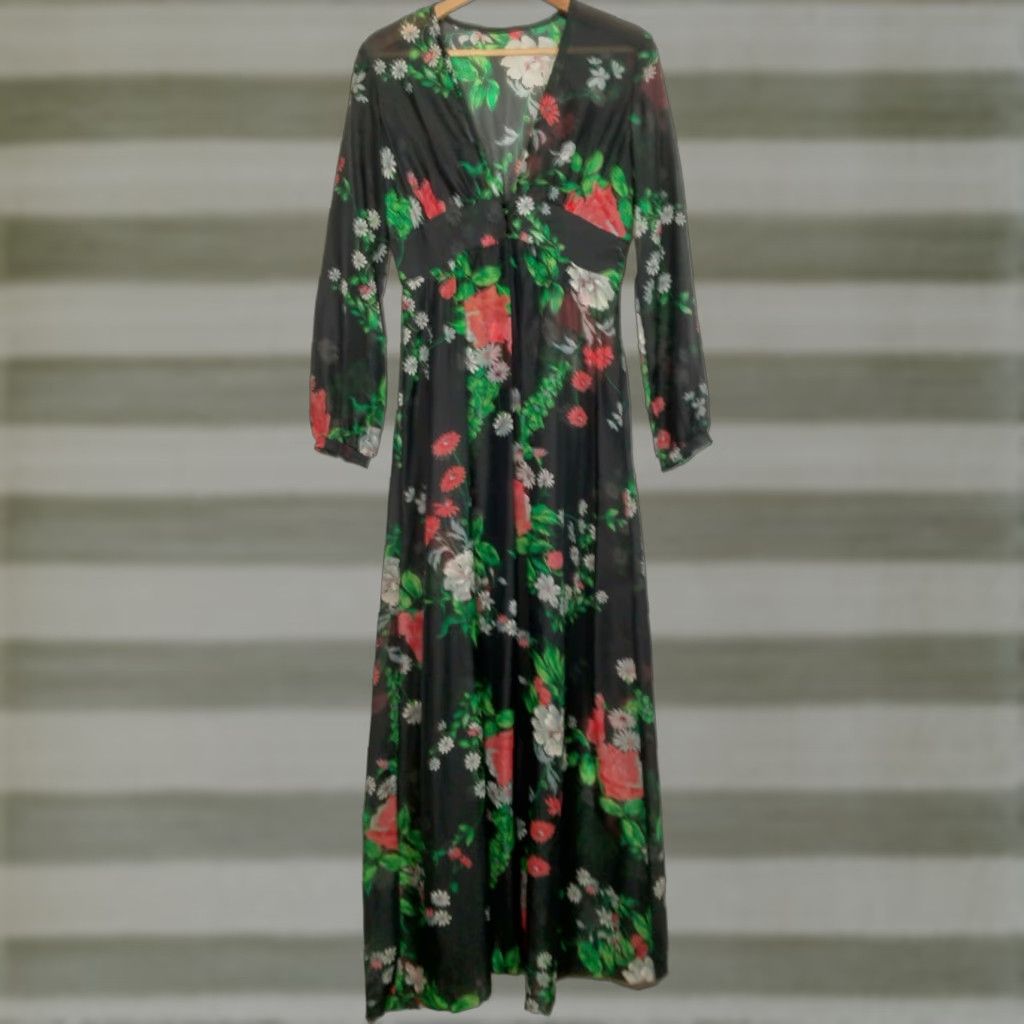 Vintage VINTAGE 1970s Sheer Dress Robe Cover Up Black Daisy Floral Maxi Nylon Bohemian 5/6 Women Girls Mens? Size S / US 4 / IT 40 - 1 Thumbnail