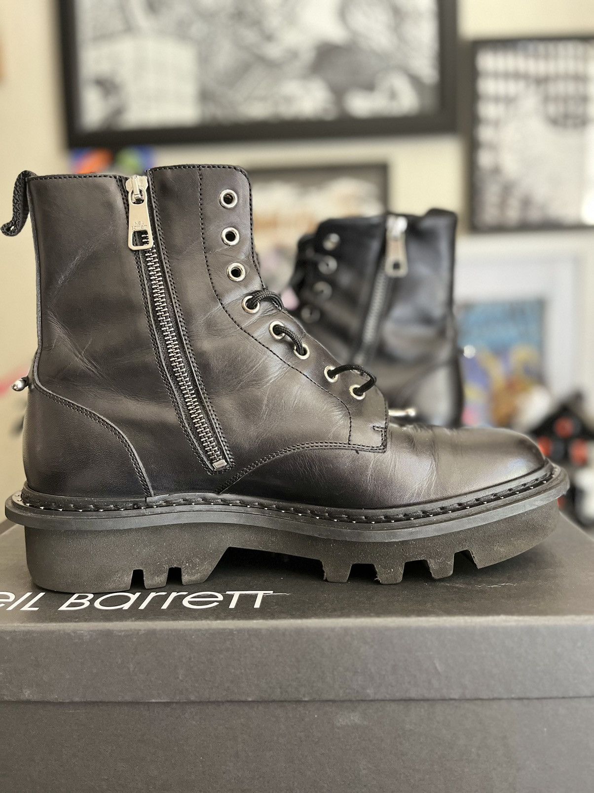 Neil Barrett FW15 PIERCED SEPTUM ZIP LEATHER COMBAT BOOT Size US 8 / EU 41 - 4 Thumbnail