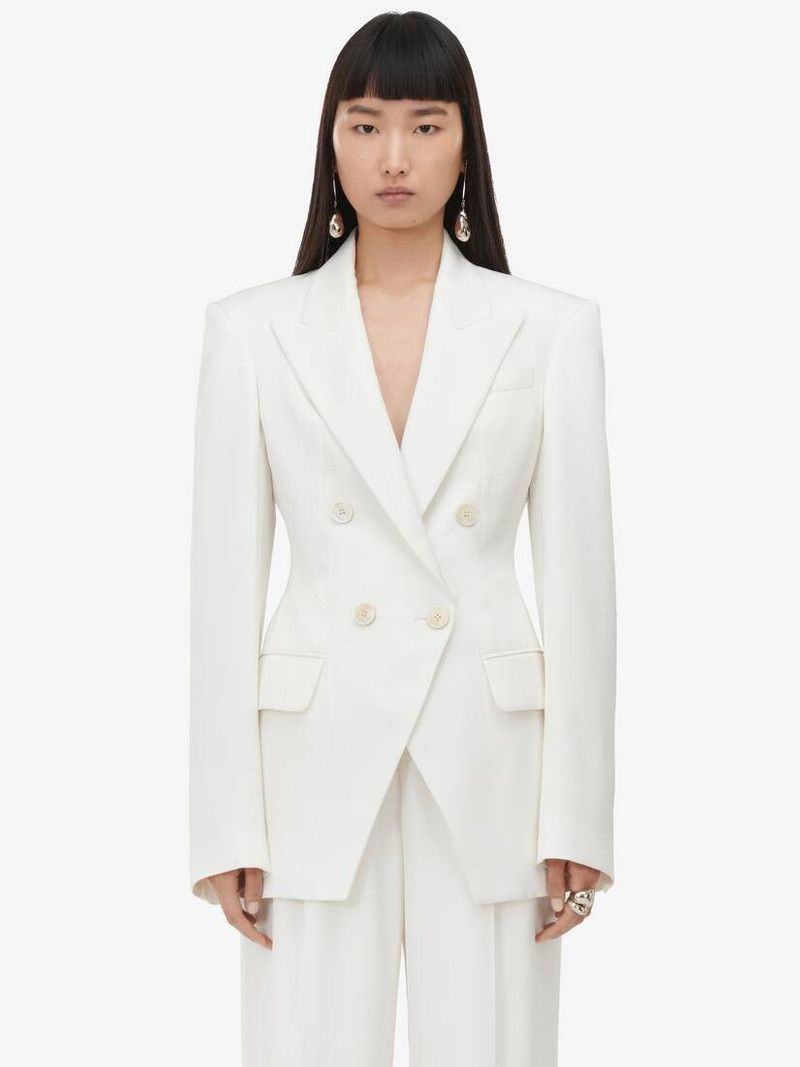 Alexander McQueen o1srvl11e0326 Double-Breasted Cut-Away Jacket in White Size L / US 10 / IT 46 - 2 Thumbnail