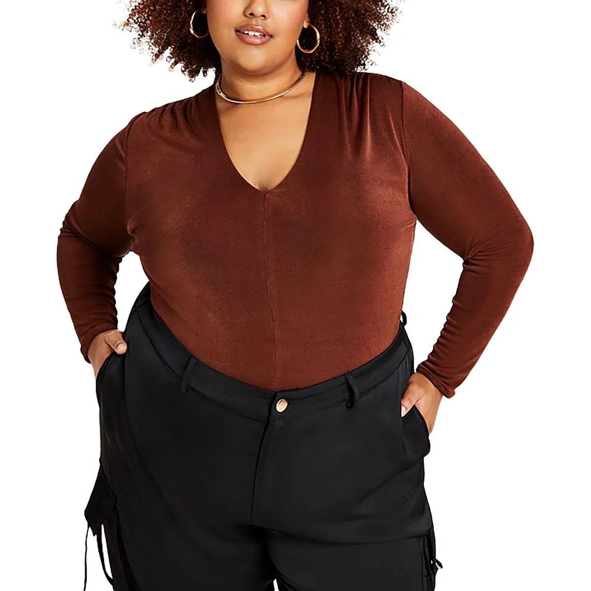 Other Nina Parker Plus V-Neck Fitted Blouse Brown Long Sleeve 0X N Size XL / US 12-14 / IT 48-50 - 1 Thumbnail