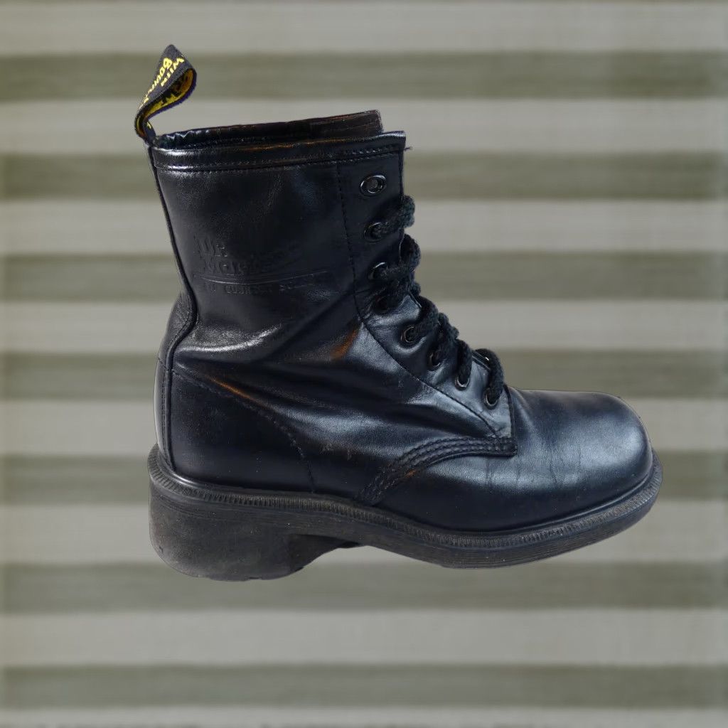 Sole Dr Martin Boots Women 8 Us Black Leather Ankle Combat Boots Square Toe Low Heel Shoes Womens