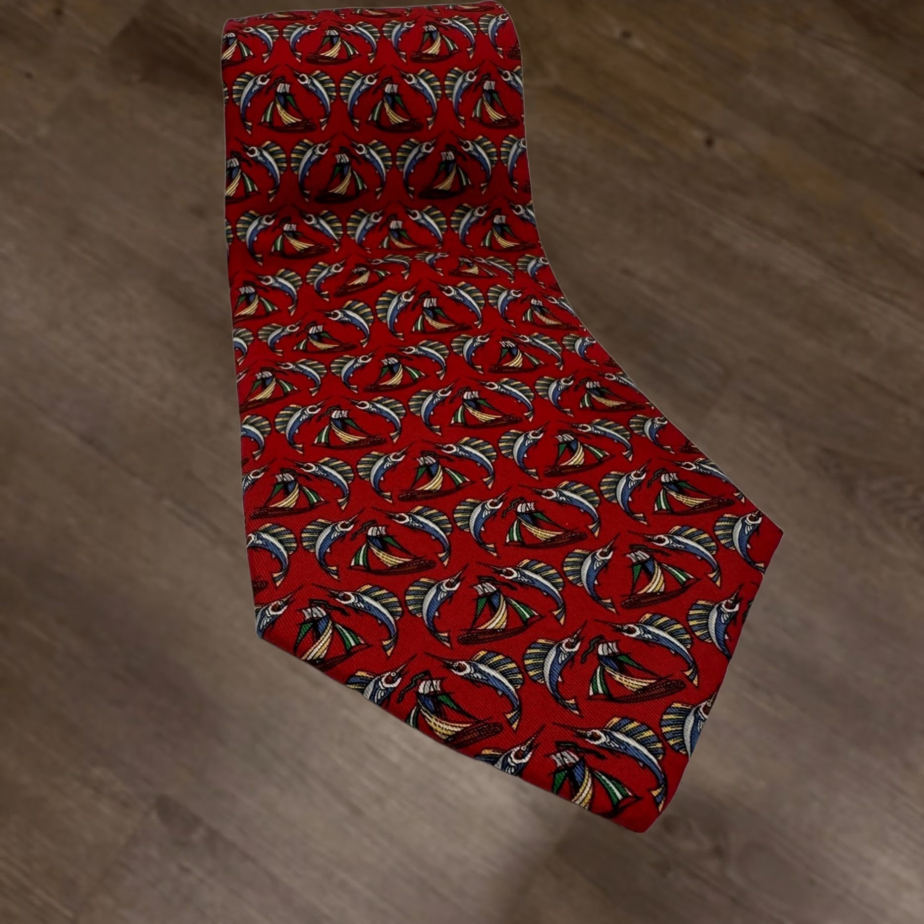 Salvatore Ferragamo VINTAGE Salvatore Ferragamo Silk Necktie One Size Red Fly Fishing Fish Tie Made In Italy Mens Tie Silk Pattern: Animal Print 100% Silk Size ONE SIZE - 1 Thumbnail