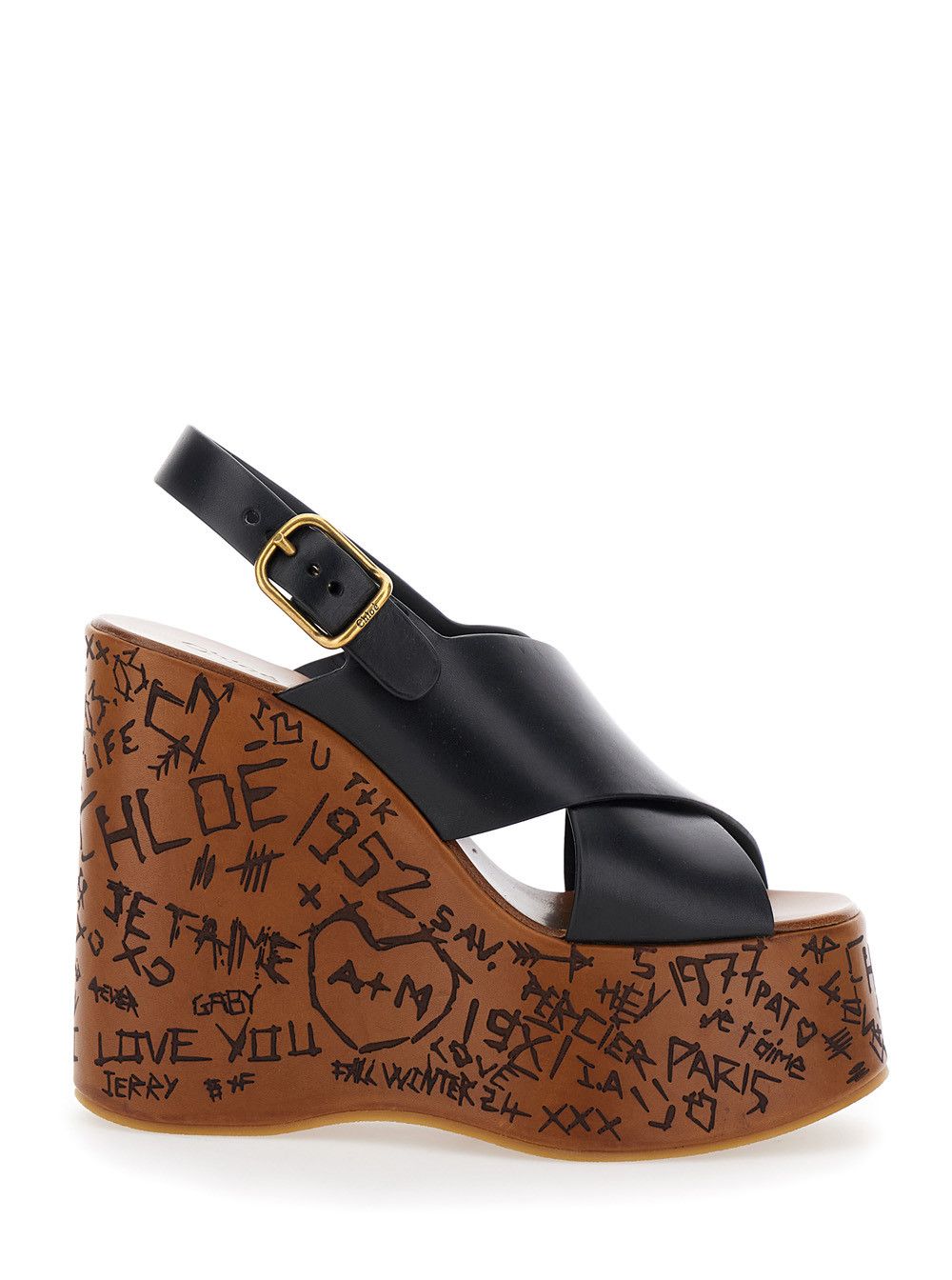 Chloe 'maxime' Black Wedges With High Embossed High Wedge Heel Shoes And Crossover Strap On The Toe In Leather Womam, Women's (Size 8)