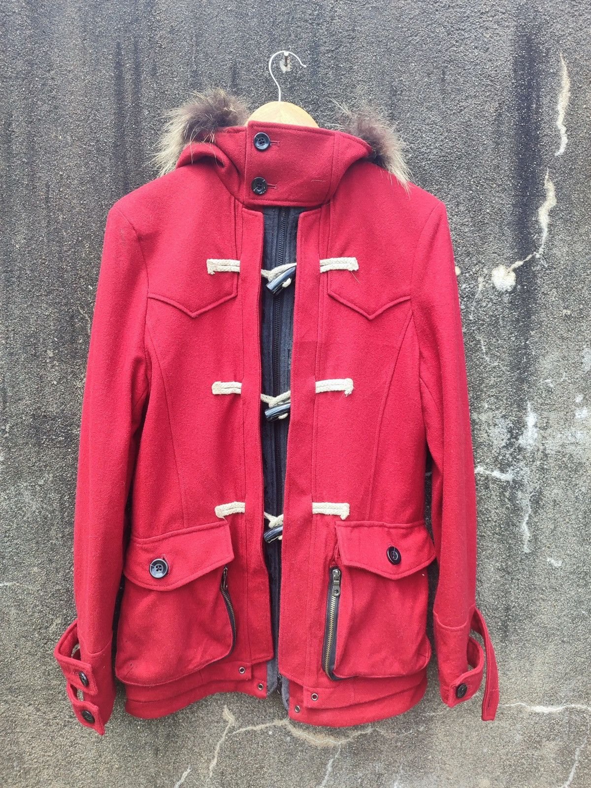 Designer PPFM Red Wool-Blend Toggle Jacket with Fur Hood - Size L Size US M / EU 48-50 / 2 - 1 Thumbnail