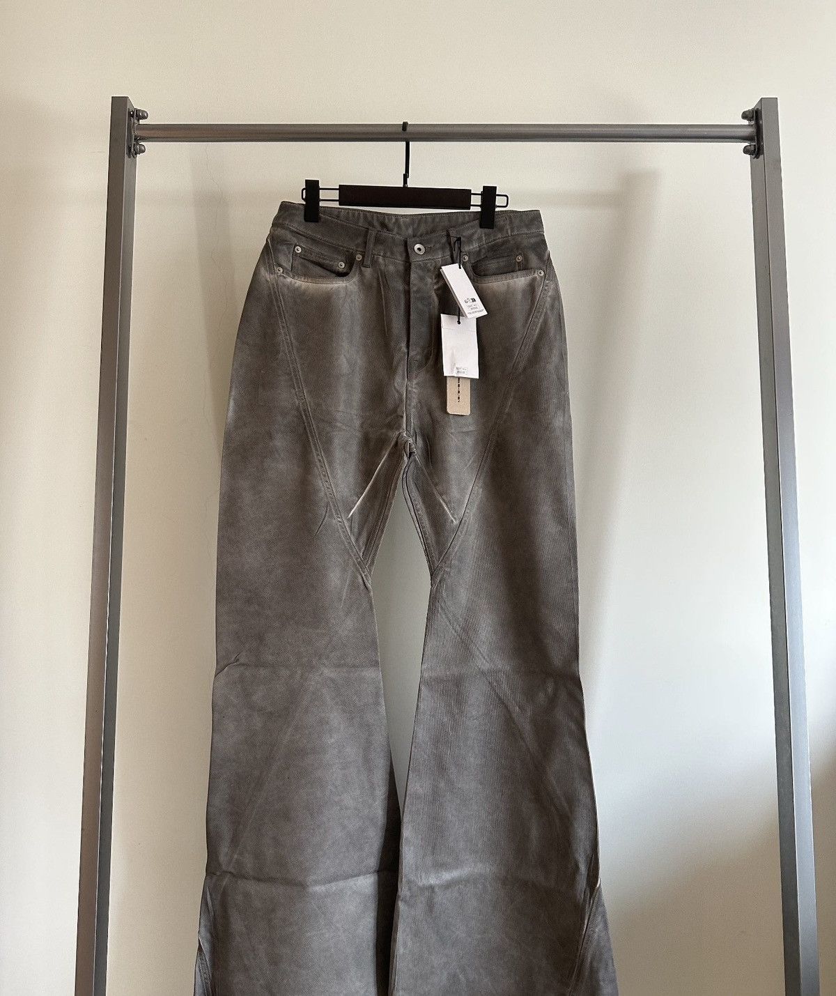 Rick Owens Bias spiral flare waxed jeans
