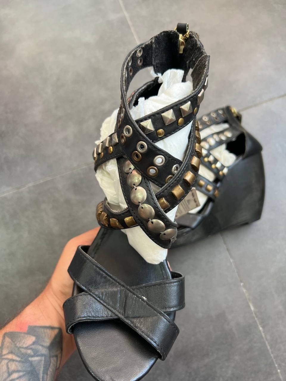 Japanese Brand Studded avant Garde leather ankle heel wedge sandals Size US 9 / IT 39 - 3 Thumbnail