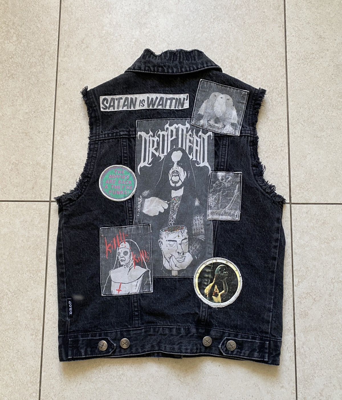 Drop Dead Rock Badges Embroidered Denim Vest