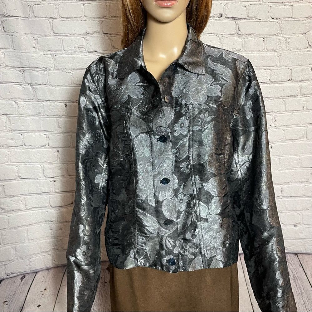 Chicos Chico's Silk Blend Floral Grey Denim Jacket Size 1 US M Size M / US 6-8 / IT 42-44 - 3 Thumbnail