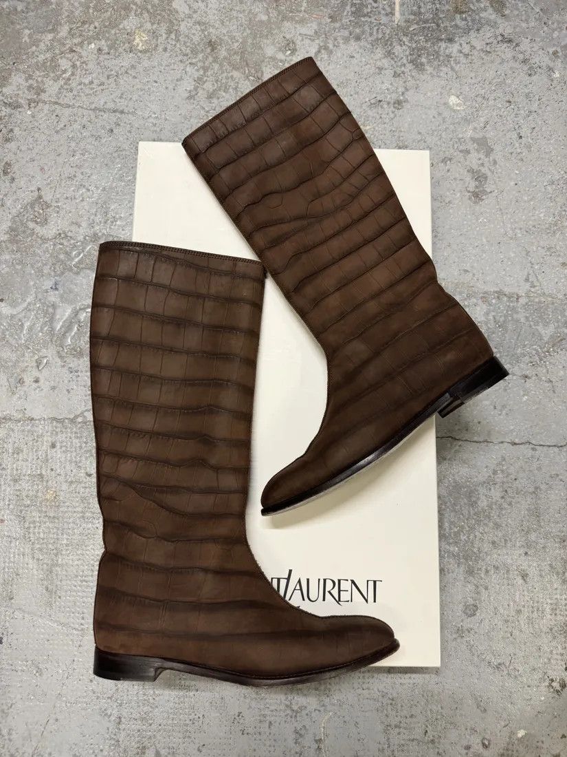 Designer × Vintage × Yves Saint Laurent Yves Saint Laurent Brown Crocodile Effect Leather Ankle Boots Size US 8 / EU 41 - 1 Thumbnail